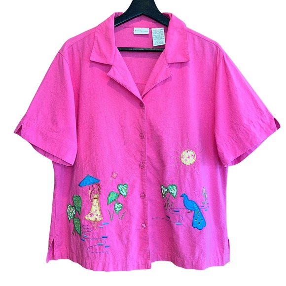 White Stag Embroidered Button Up Top Womens L Pink Tropical Short Sleeve Coastal - Picture 1 of 9